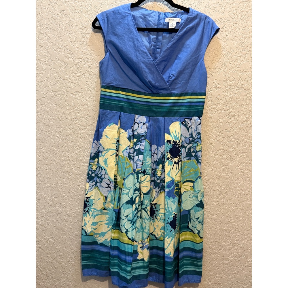 Liz Claiborne Floral V-Neck Fit & Flare Dress Size 8 Blue Garden Party Summer